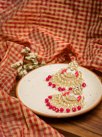Coral Bali kundan chandbali earrings with bright coral pink bead drops, by Luxani