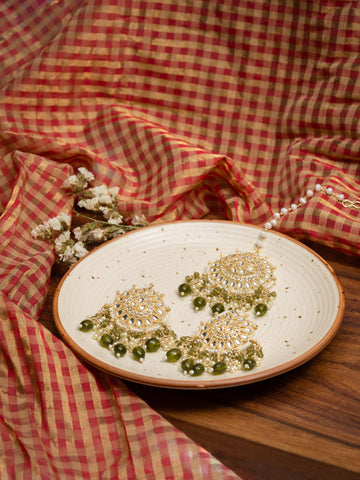 Olive Mangtika earring and mangtika set with olive green bead drops, by Luxani