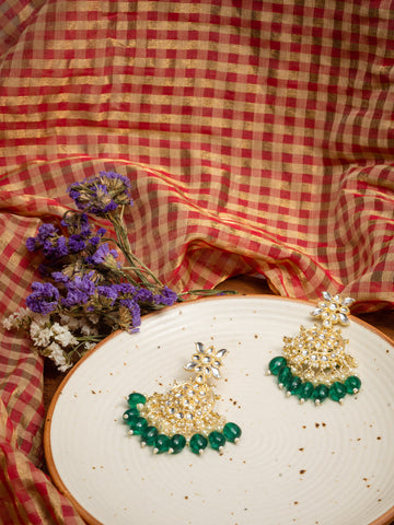 Emerald Crescent kundan chandbali earrings with deep emerald green bead drops, by Luxani