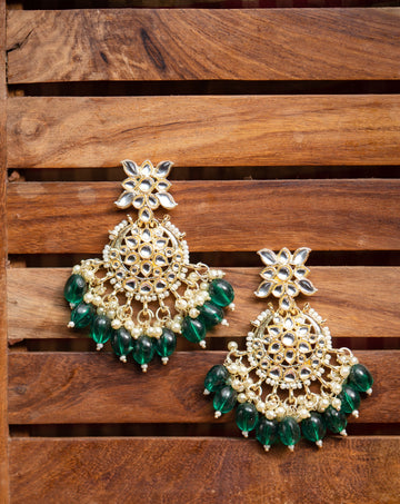 Emerald Crescent kundan chandbali earrings with deep emerald green bead drops, by Luxani