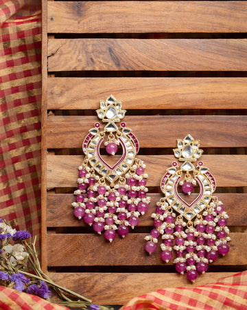 Pink Cascade tall multi-tier gold earrings with soft pink bead drops, by Luxani