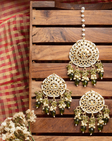Olive Mangtika earring and mangtika set with olive green bead drops, by Luxani