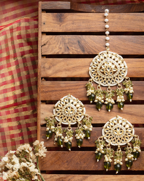 Olive Mangtika earring and mangtika set with olive green bead drops, by Luxani