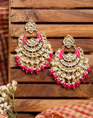 Coral Bali kundan chandbali earrings with bright coral pink bead drops, by Luxani