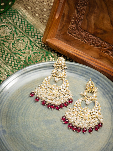 Pearl Mughal arched mughal-style earrings with kundan work and white pearl drops, by Luxani