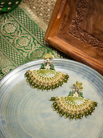 Peacock Chandbali kundan chandbali earrings with peacock motif and meena enamel work, by Luxani