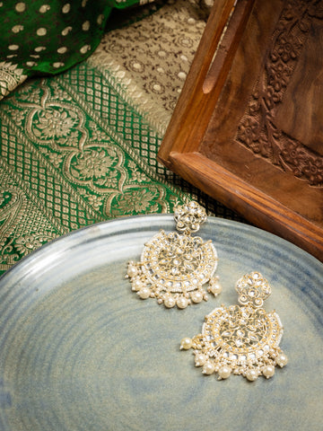 Pearl Crescent kundan chandbali earrings with white pearl drops, by Luxani