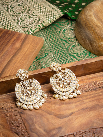Pearl Crescent kundan chandbali earrings with white pearl drops, by Luxani