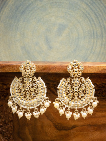 Pearl Crescent kundan chandbali earrings with white pearl drops, by Luxani