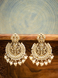Pearl Crescent kundan chandbali earrings with white pearl drops, by Luxani