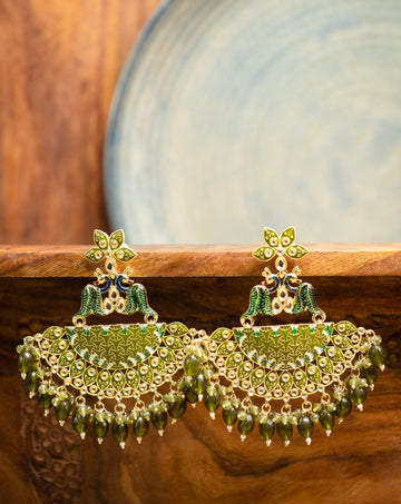 Peacock Chandbali kundan chandbali earrings with peacock motif and meena enamel work, by Luxani