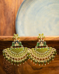 Peacock Chandbali kundan chandbali earrings with peacock motif and meena enamel work, by Luxani