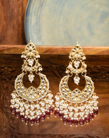 Pearl Mughal arched mughal-style earrings with kundan work and white pearl drops, by Luxani
