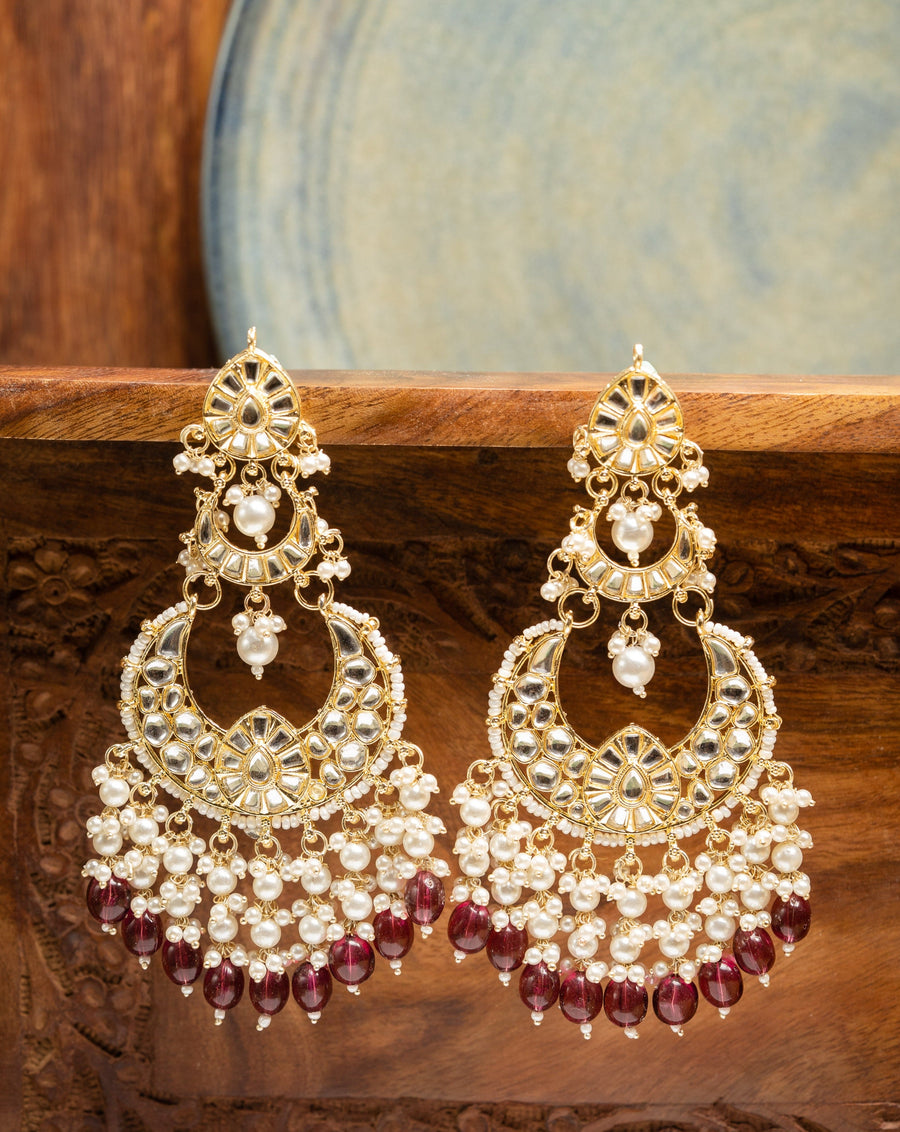 Pearl Mughal arched mughal-style earrings with kundan work and white pearl drops, by Luxani