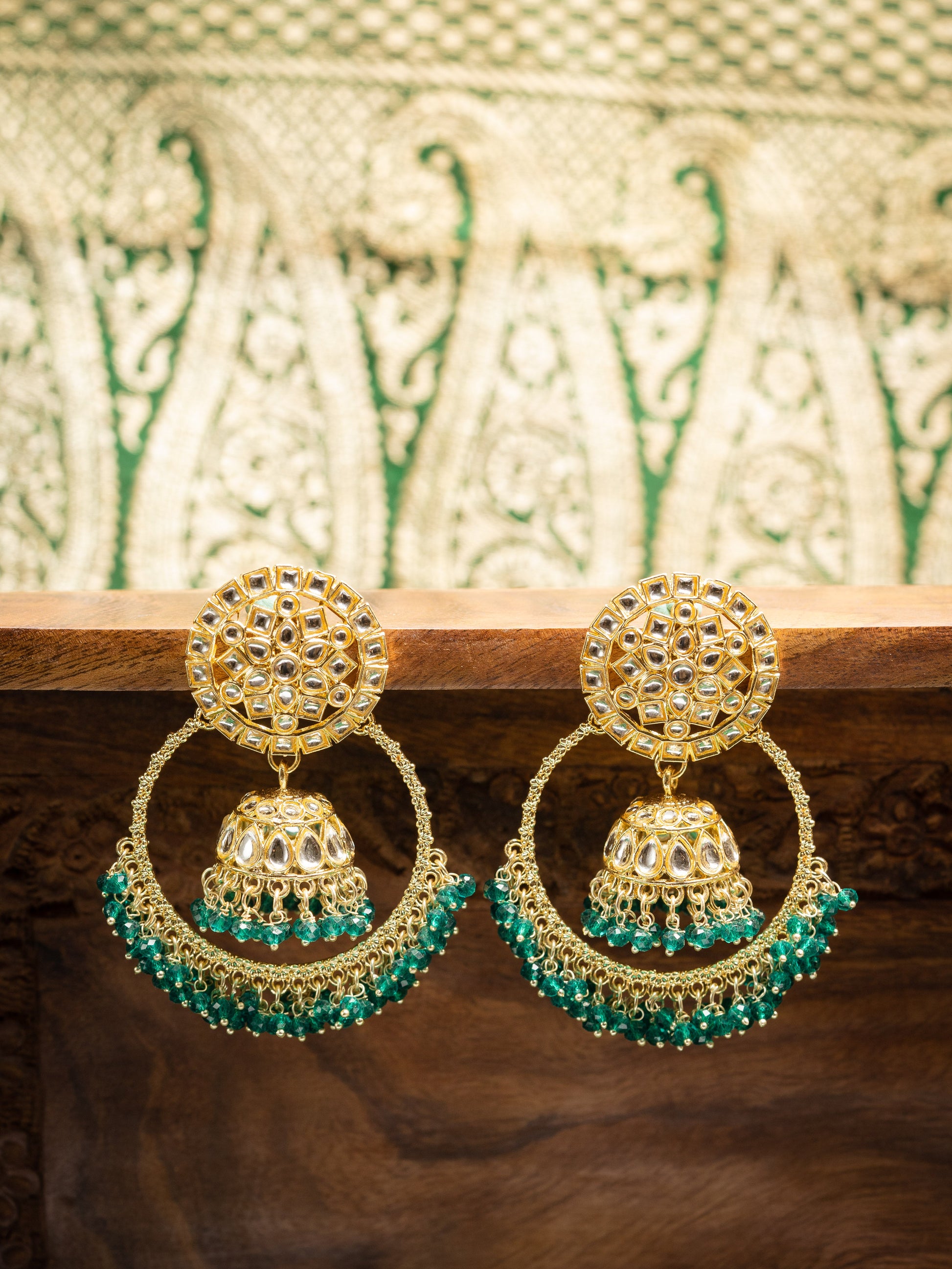 Teal Bali gold hoop with jhumka earrings and teal bead drops, by Luxani