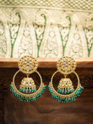 Teal Bali gold hoop with jhumka earrings and teal bead drops, by Luxani
