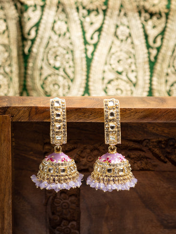 Lilac Jhumka gold earrings with lilac meena enamel and white pearl drops, by Luxani