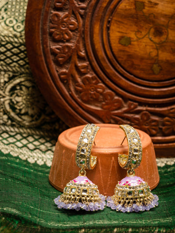 Lilac Jhumka gold earrings with lilac meena enamel and white pearl drops, by Luxani