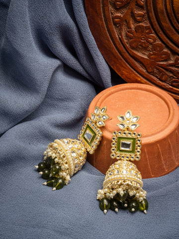 Mehendi Jhumka gold earrings with deep mehendi-green meena enamel work, by Luxani