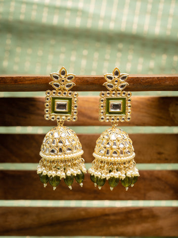 Mehendi Jhumka gold earrings with deep mehendi-green meena enamel work, by Luxani
