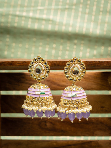 Lavender Jhumka gold earrings with soft lavender bead drops, by Luxani
