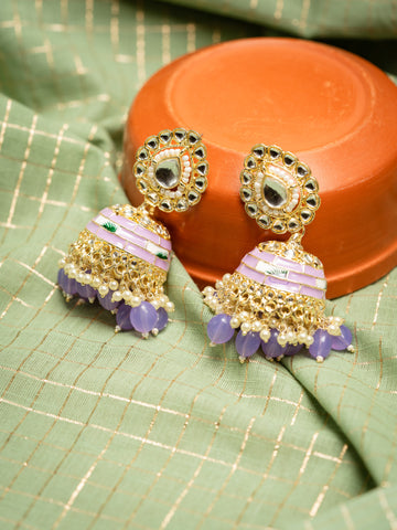 Lavender Jhumka gold earrings with soft lavender bead drops, by Luxani