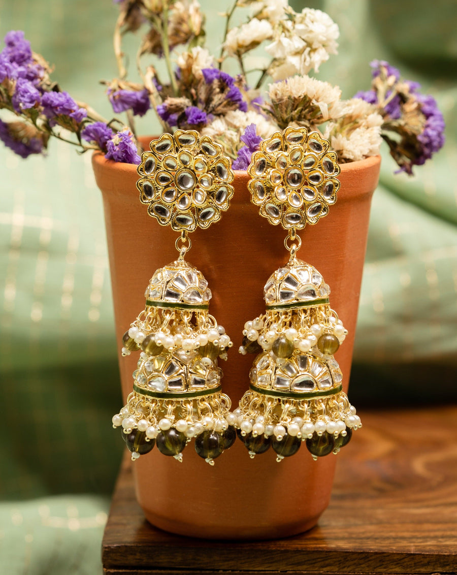 Layered Pearls multi-tier gold chandelier earrings with cascading pearl strands, by Luxani