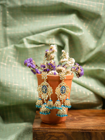 Sapphire Tier triple-tier jhumka earrings with blue meena and teal bead clusters, by Luxani