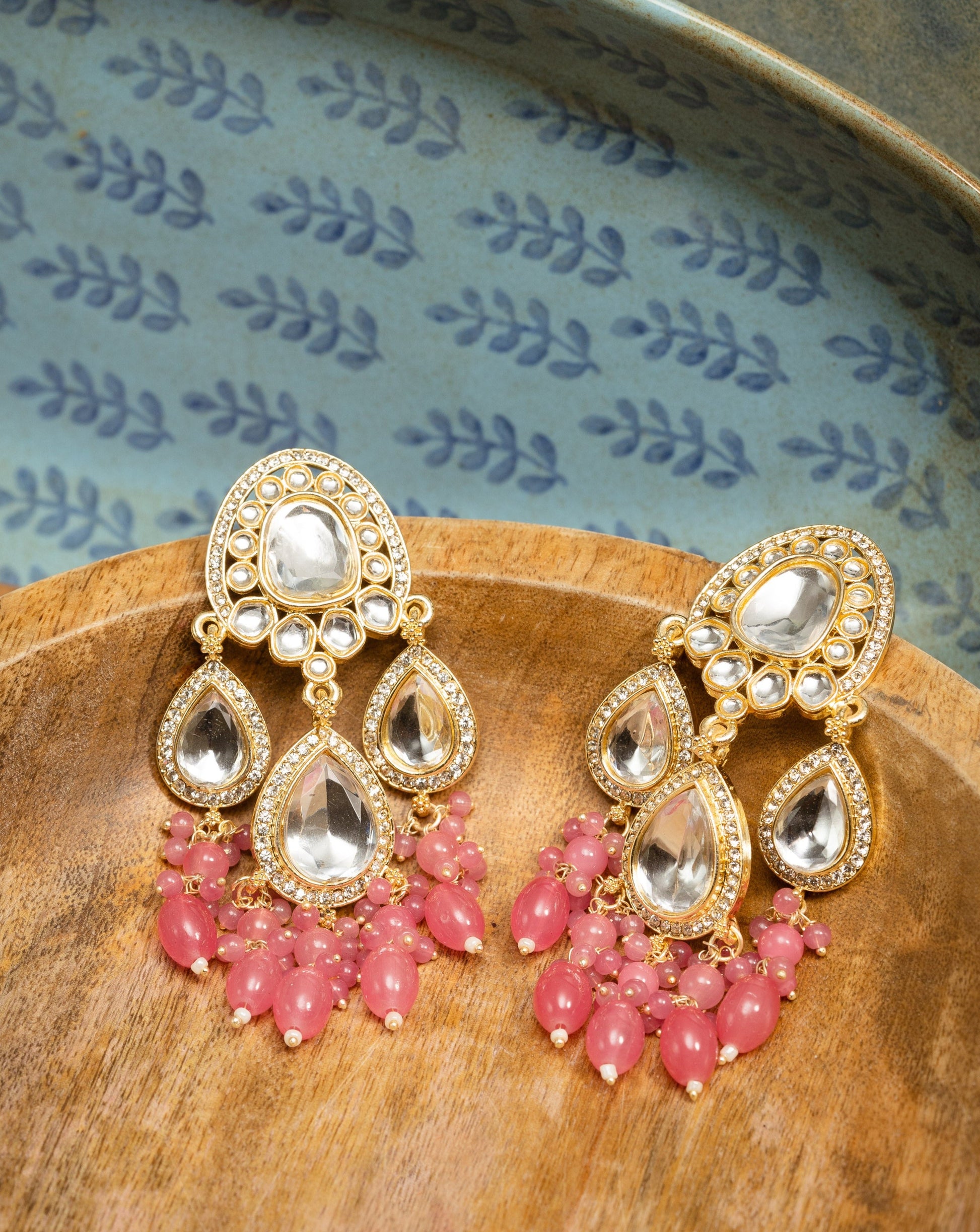 Coral Crescent kundan chandbali earrings with coral pink bead drops, by Luxani
