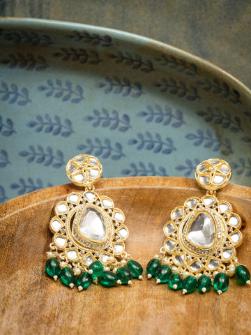 Forest Crescent kundan chandbali earrings with deep forest-green bead drops, by Luxani