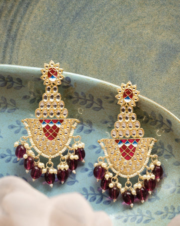 Maroon Mughal arched mughal-style earrings with red meena and maroon bead drops, by Luxani
