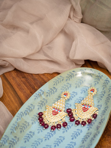 Maroon Mughal arched mughal-style earrings with red meena and maroon bead drops, by Luxani