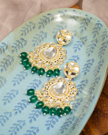 Forest Crescent kundan chandbali earrings with deep forest-green bead drops, by Luxani