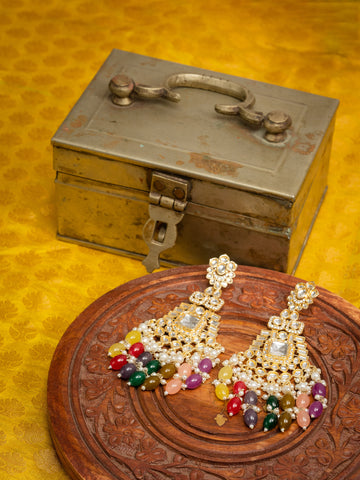 Rainbow Cascade tiered gold earrings with multi-colour bead drops, by Luxani