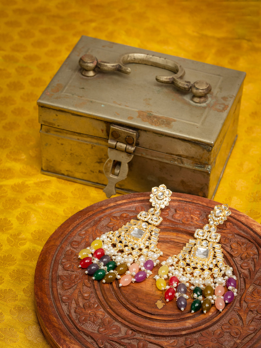 Rainbow Cascade tiered gold earrings with multi-colour bead drops, by Luxani