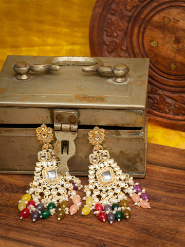 Rainbow Cascade tiered gold earrings with multi-colour bead drops, by Luxani