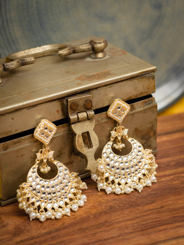 Moonlit Crescent tall kundan chandbali earrings with luminous pearl drops, by Luxani