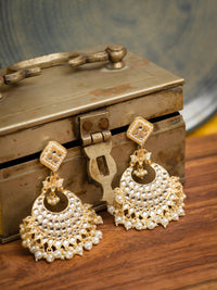 Moonlit Crescent tall kundan chandbali earrings with luminous pearl drops, by Luxani