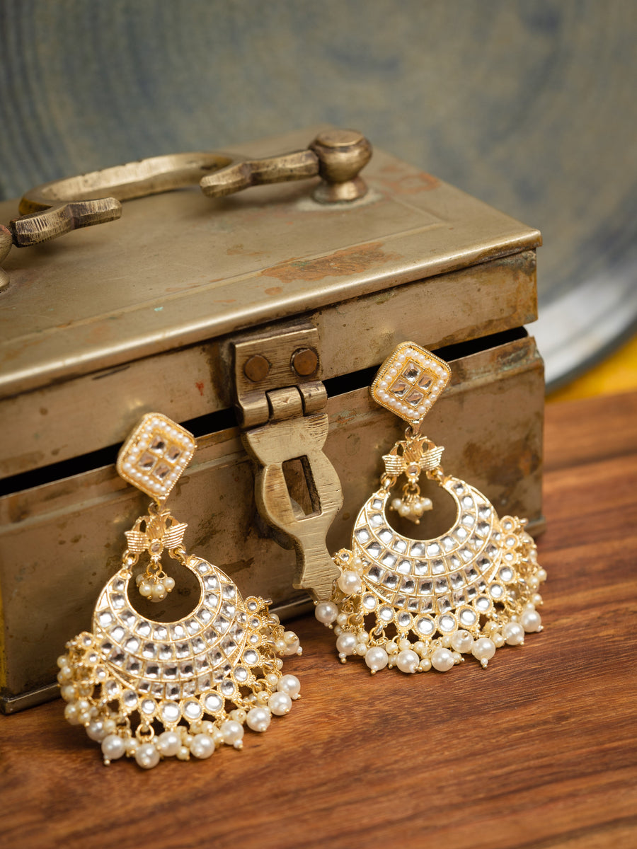 Moonlit Crescent tall kundan chandbali earrings with luminous pearl drops, by Luxani