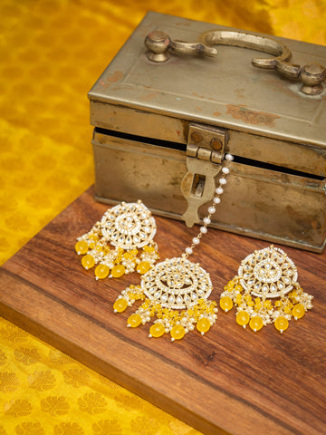 Marigold Mangtika earring and mangtika set with marigold yellow bead drops, by Luxani