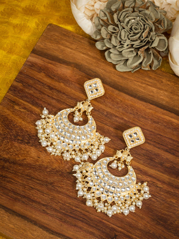 Moonlit Crescent tall kundan chandbali earrings with luminous pearl drops, by Luxani