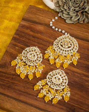 Marigold Mangtika earring and mangtika set with marigold yellow bead drops, by Luxani