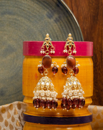 Garnet Jhumka gold earrings with deep garnet wine bead drops, by Luxani