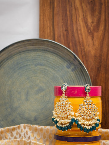 Indigo Cluster gold chandelier earrings with deep navy blue bead drops, by Luxani