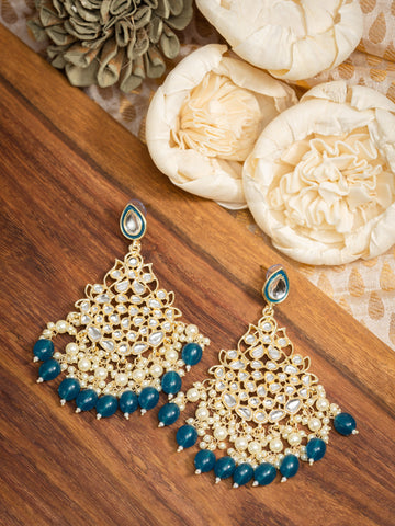 Indigo Cluster gold chandelier earrings with deep navy blue bead drops, by Luxani