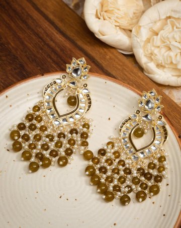 Olive Cluster gold chandelier earrings with thick olive-green bead drops, by Luxani