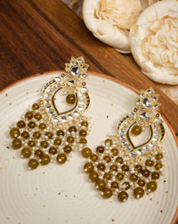 Olive Cluster gold chandelier earrings with thick olive-green bead drops, by Luxani