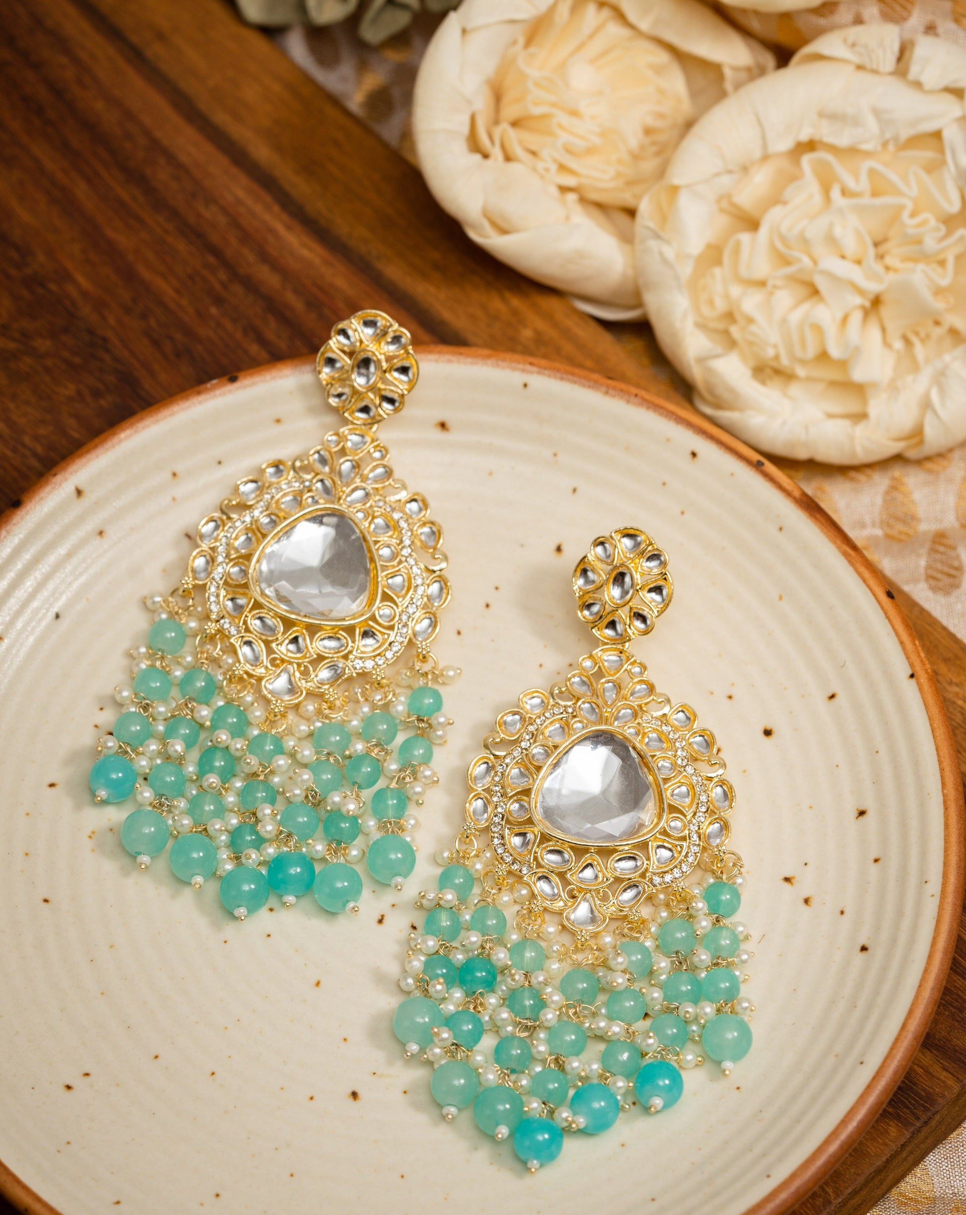 Seafoam Drops gold chandelier earrings with mint sea-green bead drops, by Luxani