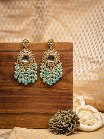 Seafoam Drops gold chandelier earrings with mint sea-green bead drops, by Luxani