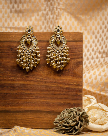 Olive Cluster gold chandelier earrings with thick olive-green bead drops, by Luxani